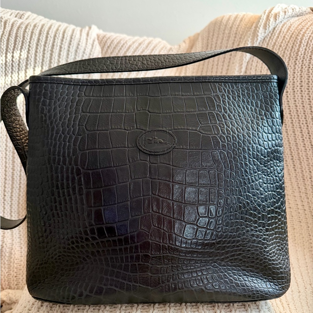 SALE! Longchamp Black Croc Embossed Leather Bag Made in France With Pouch